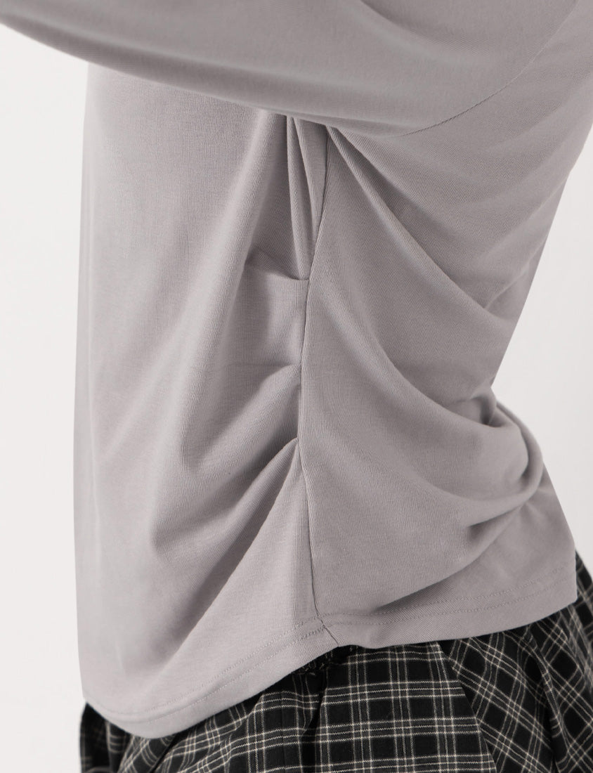 MUA! Versatile Round Neck Side Pleated Plus Size Long Sleeve Top