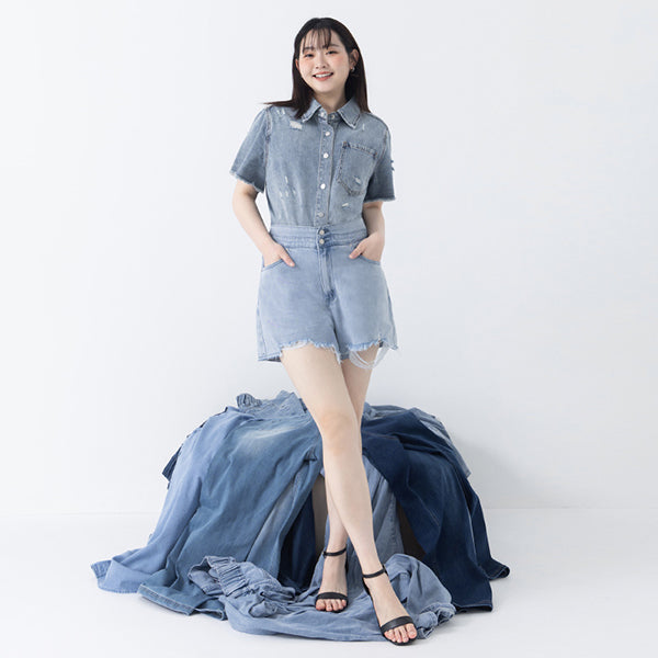 Tencel Silky Denim Double Button Distressed Plus Size Shorts