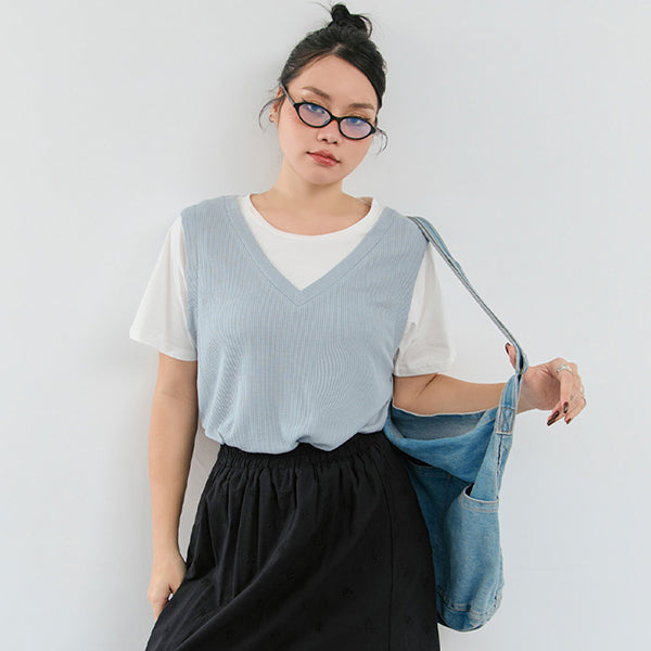 Contrast Waffle Faux Two Piece Plus Size Tee