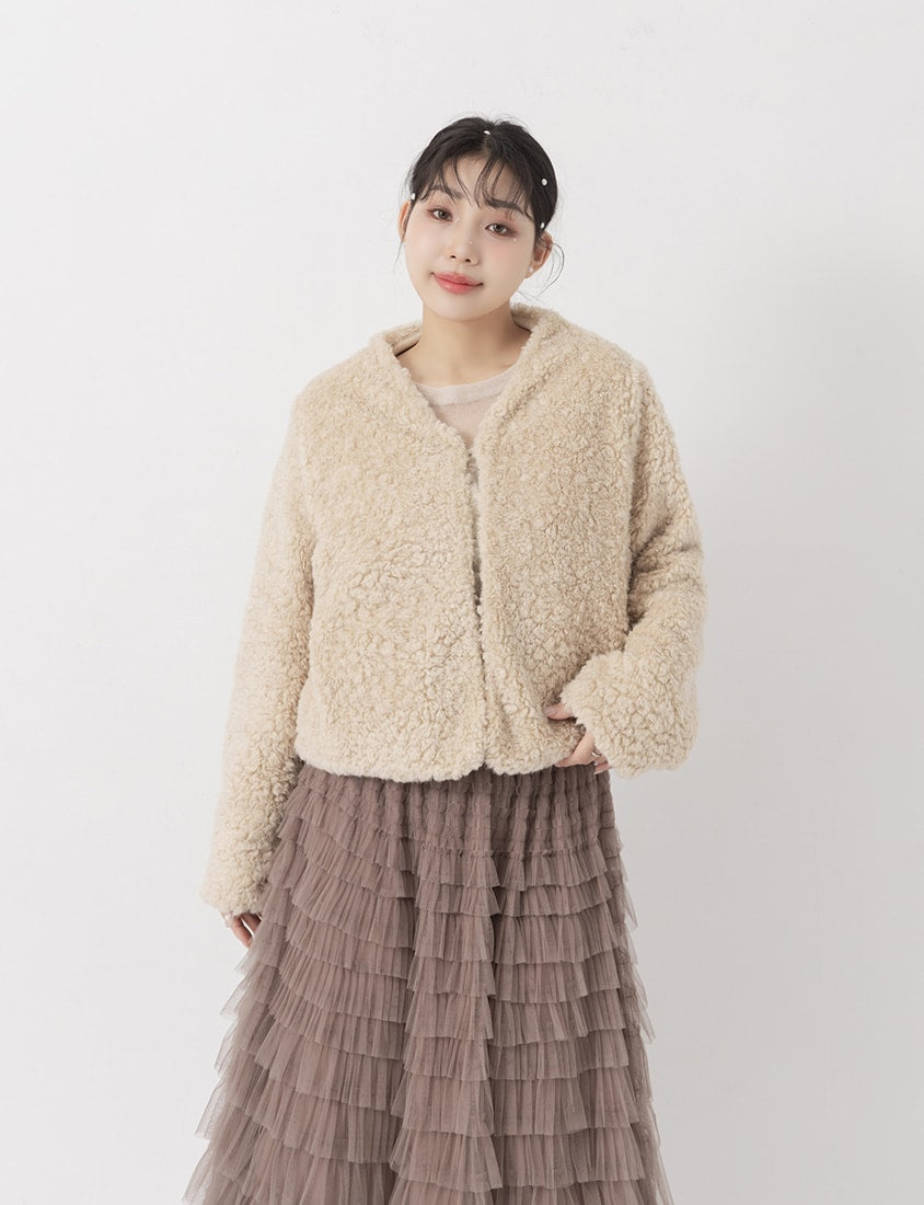 MISS. Japanese Style V-Neck Curly Knit Plus Size Cropped Jacket