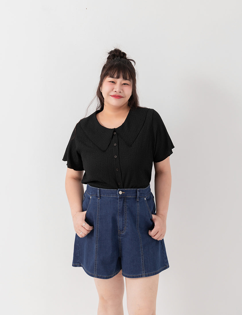 Collared Crinkle Faux Button Short Sleeve Top