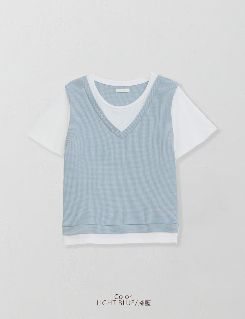 Contrast Waffle Faux Two Piece Plus Size Tee