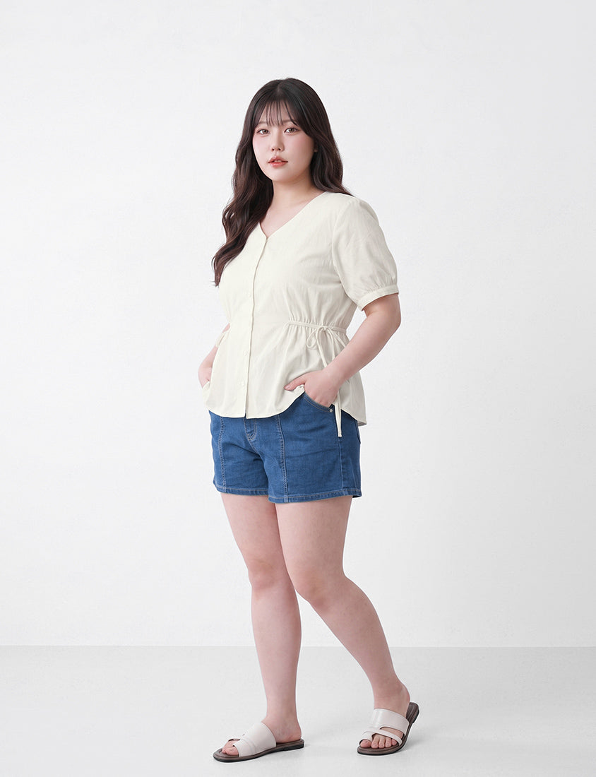 V-Neck Button Front Tie Waist Plus Size Top