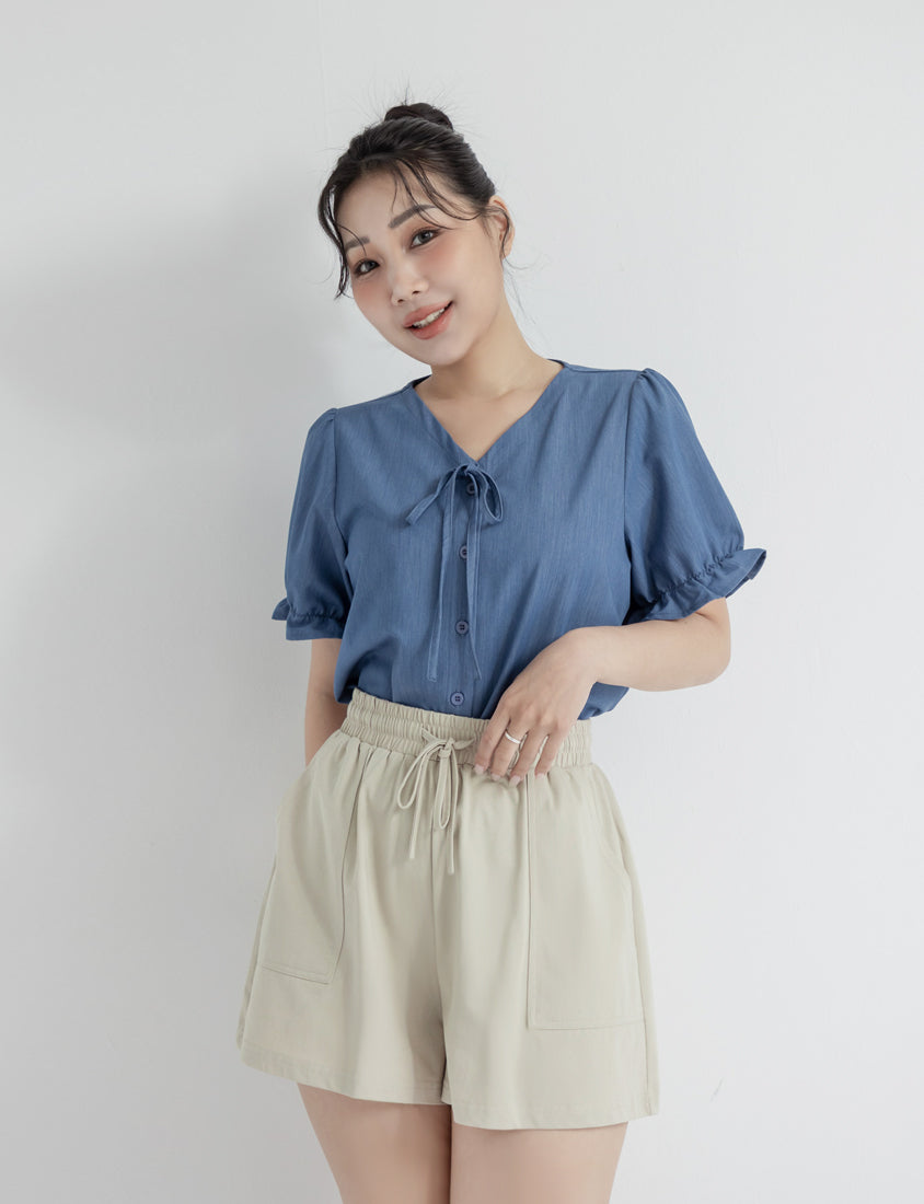Cooling Tencel Silky Denim-Like Puff Sleeve Plus Size Shirt