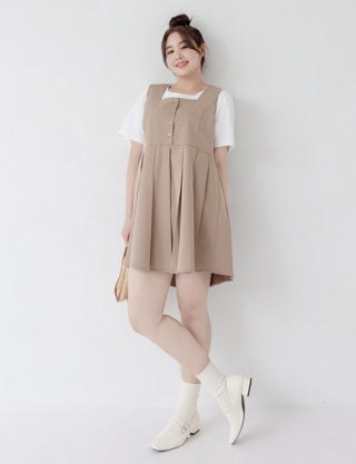 Square Neck Button Pleated Plus Size Mini Dress