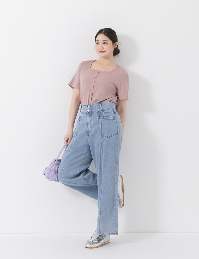 Tencel Ribbed Faux Button Square Neck Plus Size Top
