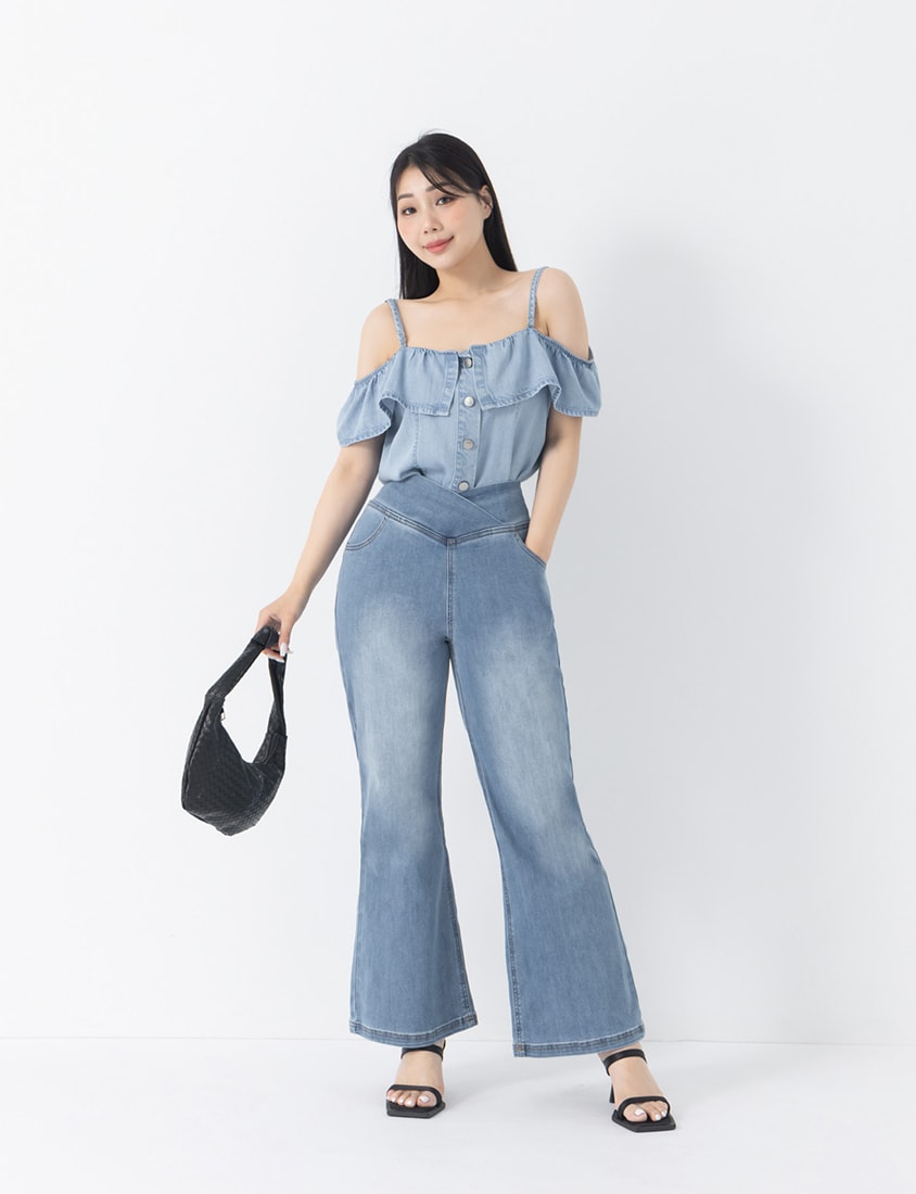 Tencel Silky Denim Ruffle Plus Size Off-Shoulder Top