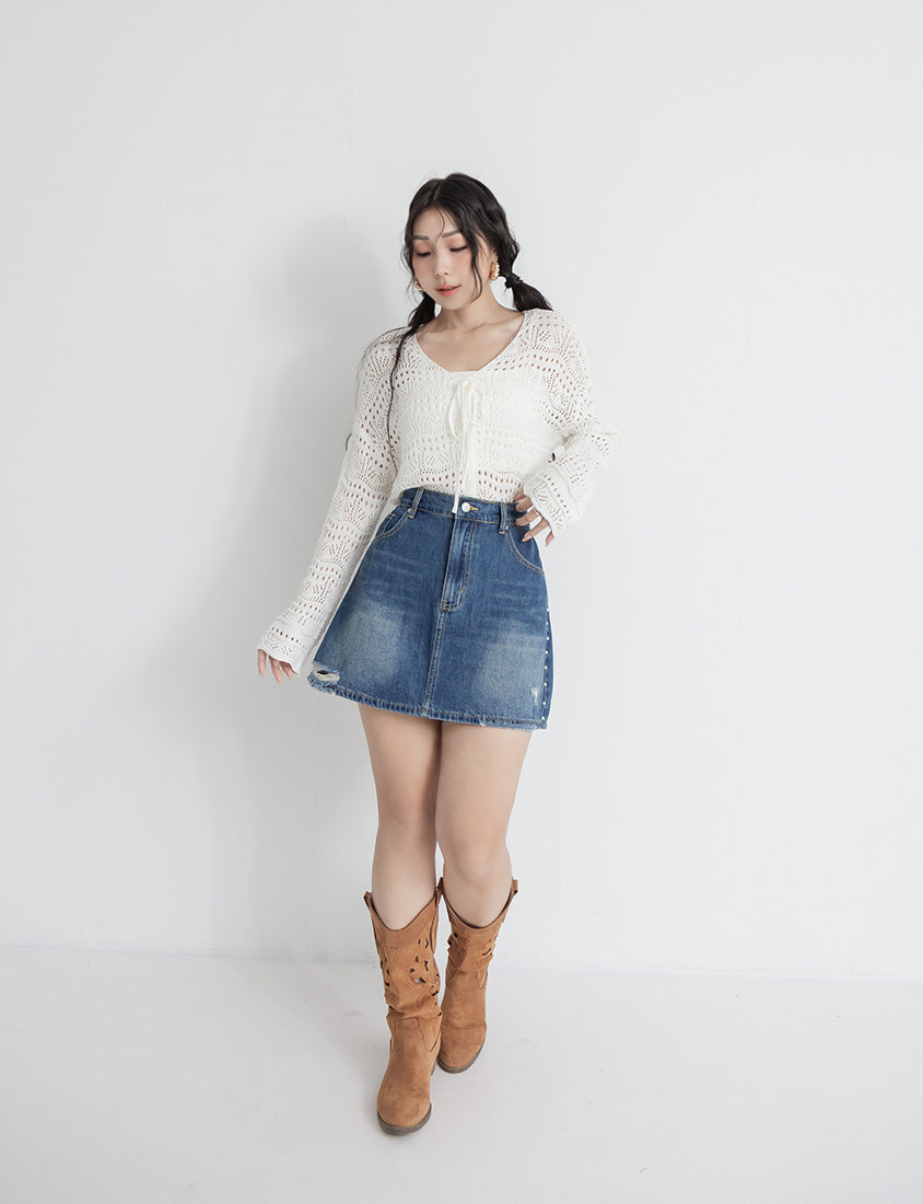 MUA! Side Pearl Studded Distressed Denim Plus Size Mini Skirt