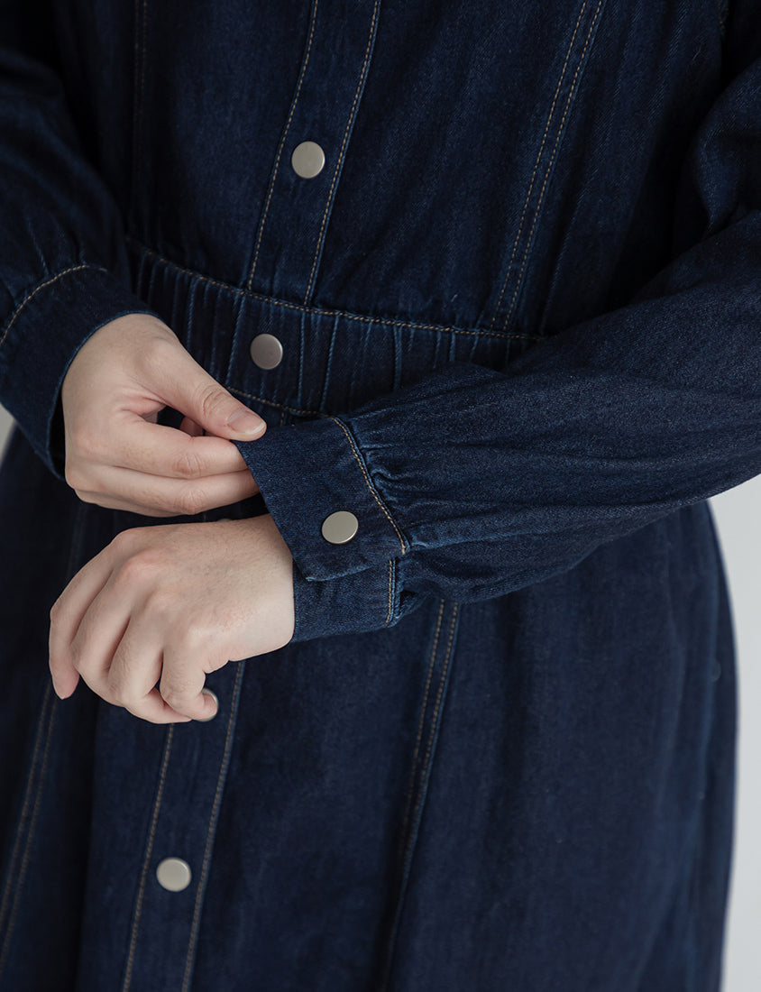 Smock-Waisted Square Neck Faux-Button Denim Plus Size Maxi Dress
