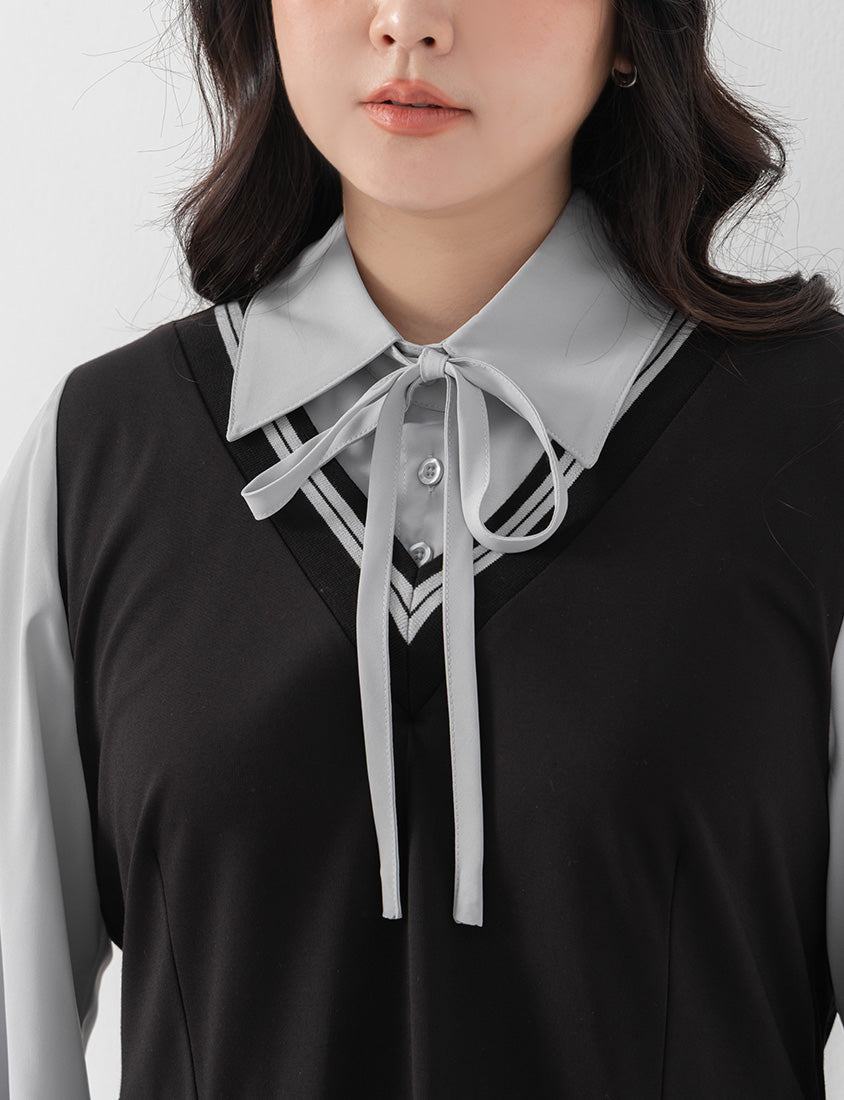 Preppy Contrast Color Faux Two-Piece Plus Size Mini Dress (With Tie)