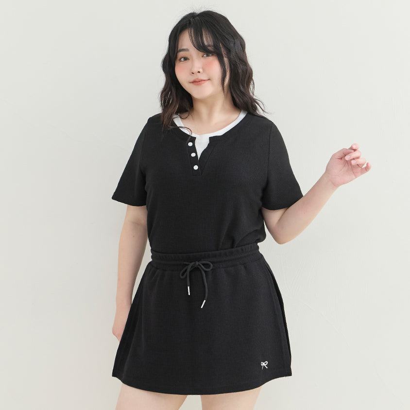 Waffle Knit Faux Two-Piece Plus Size Top