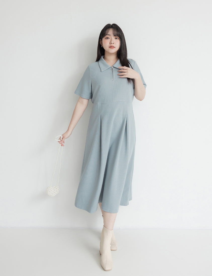 Collared Waffle-Knit Cinched Waist Plus Size Maxi Dress