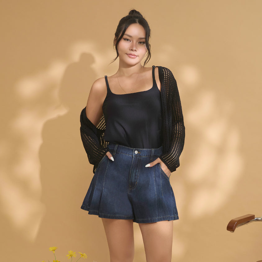 Pleated Slim-Fit A-Line Plus Size Denim Shorts