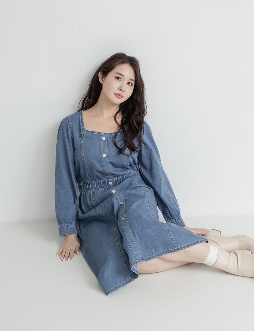 Smock-Waisted Square Neck Faux-Button Denim Plus Size Maxi Dress