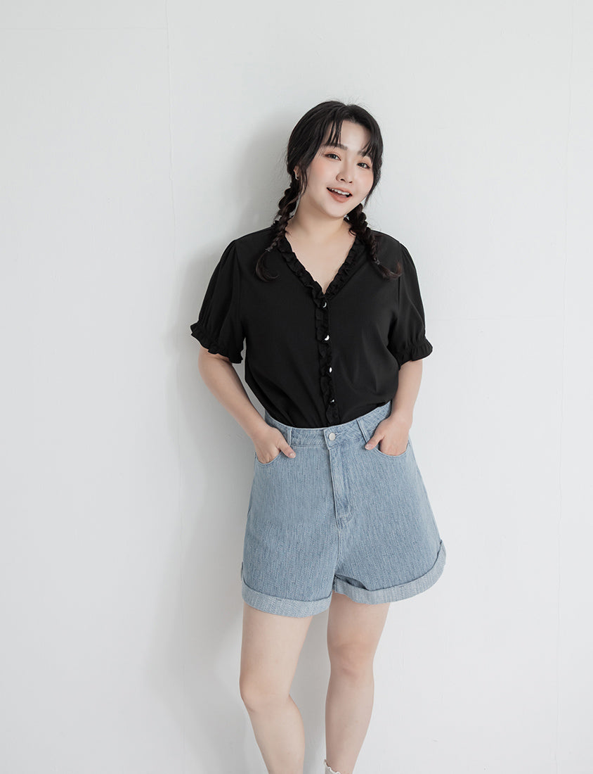 Textured Two-Tone Denim Cuffed Plus Size Shorts