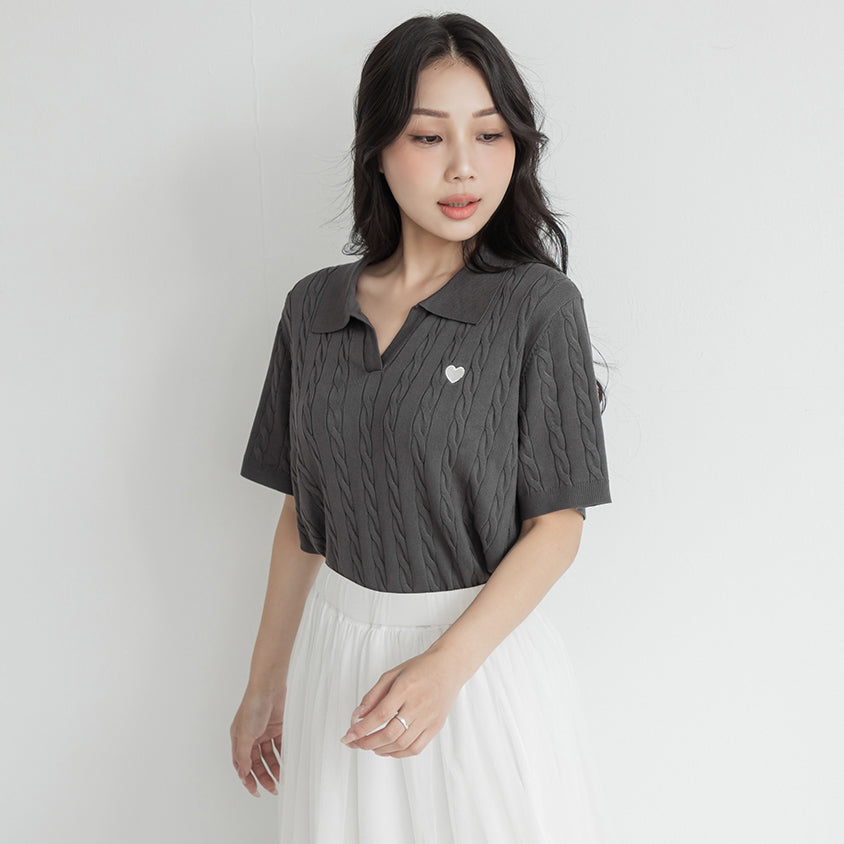 Heart Embroidered V-Neck Cable Knit Short Sleeve Plus Size Top