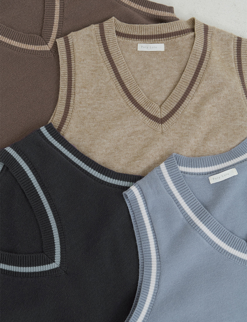 Preppy V-Neck Contrast Stripe Knit Plus Size Vest