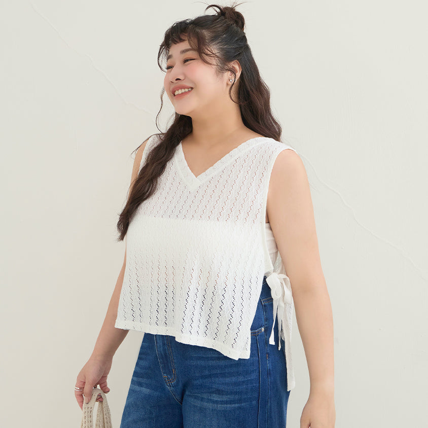 Versatile Openwork Knit Tie-Front Plus Size Tank Top