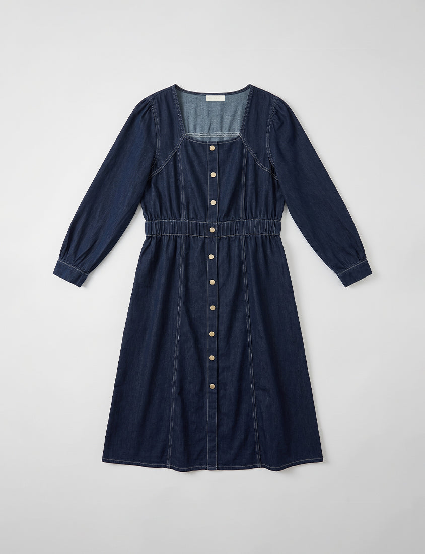 Smock-Waisted Square Neck Faux-Button Denim Plus Size Maxi Dress