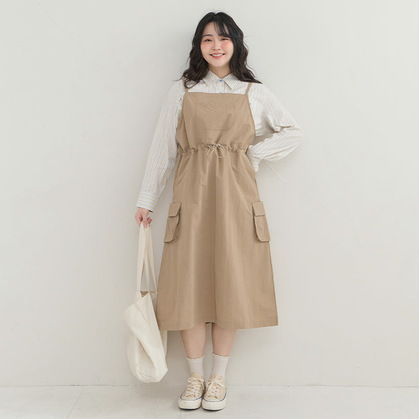 Vintage Utility Adjustable Strap Plus Size Maxi Dress