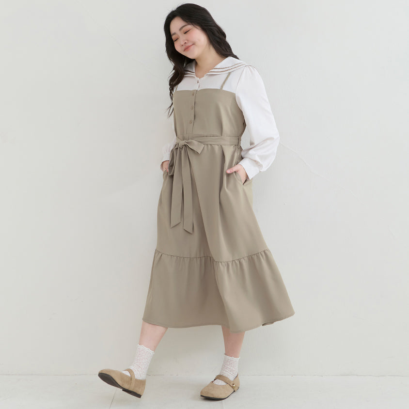 Contrast Sailor Collar Faux Two Piece Plus Size Maxi Dress (With Waist Tie)