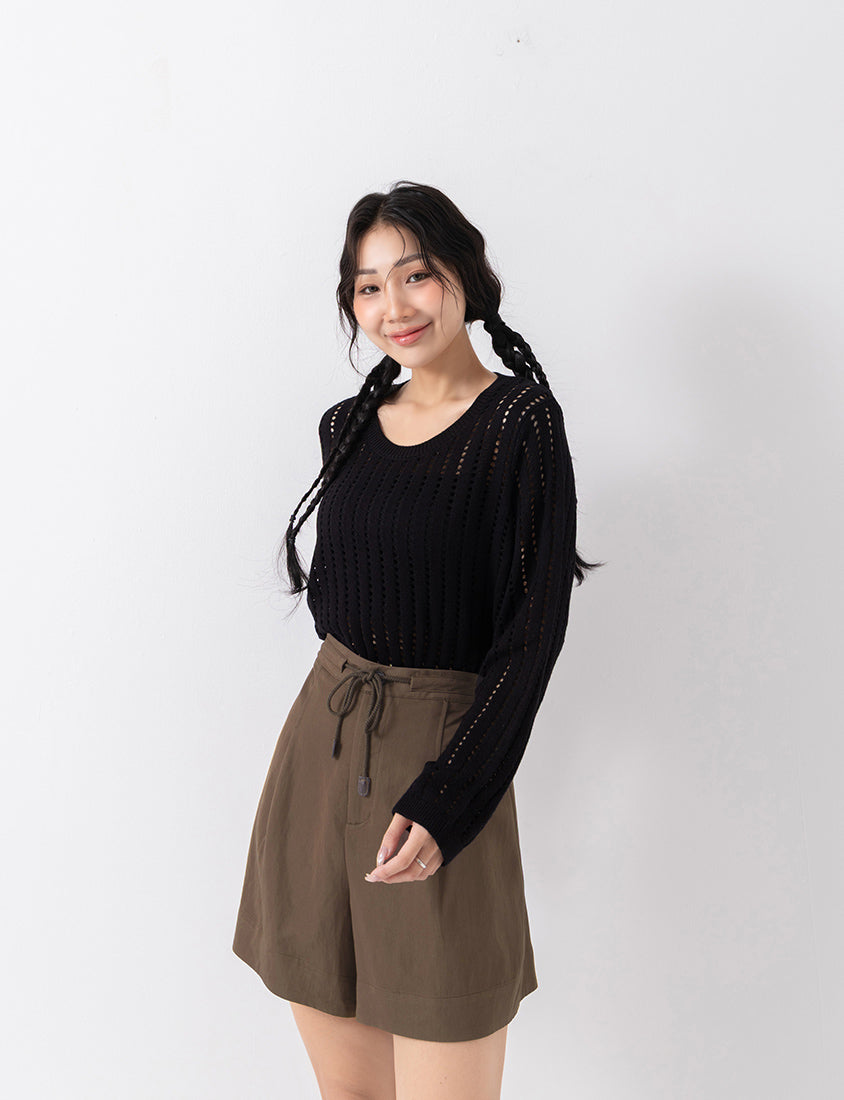 Crew Neck Openwork Ribbed Knit Long Sleeve Plus Size Top