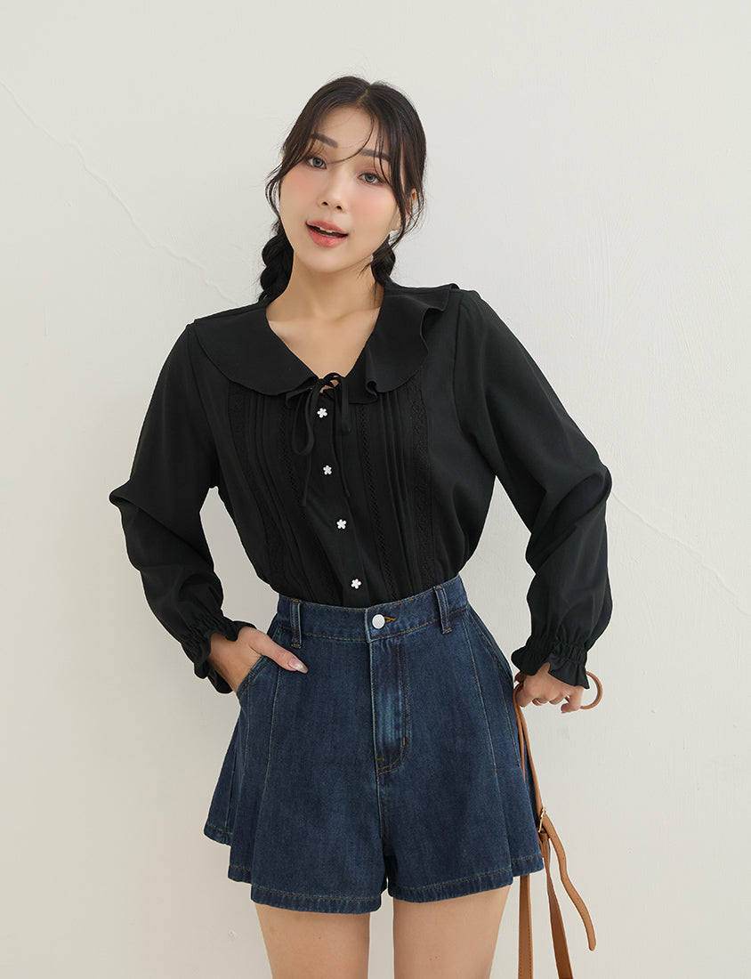 Romantic Ruffle Collar Lace Floral Button-Up Plus Size Blouse