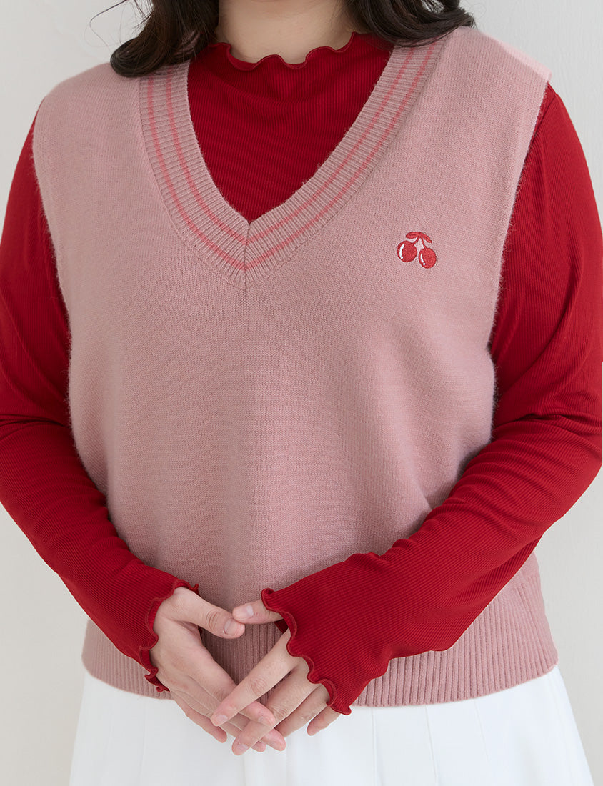 Preppy Cherry Embroidered Cropped Knit Plus Size Vest