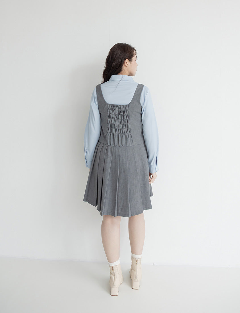 Square Neck Tie-Front Pleated Pinafore Plus Size Mini Dress