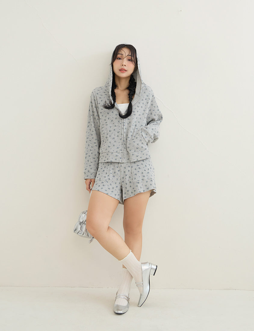 Sweet Floral Waffle Cropped Plus Size Hoodie