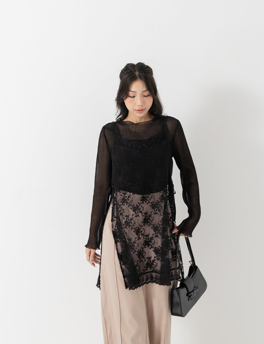 MISS. Ethereal Crinkle Sheer Mock-Neck Plus Size Top