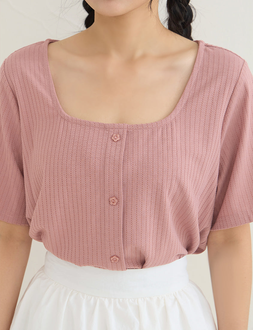 Square Neck Floral Faux Button Waffle Plus Size Top