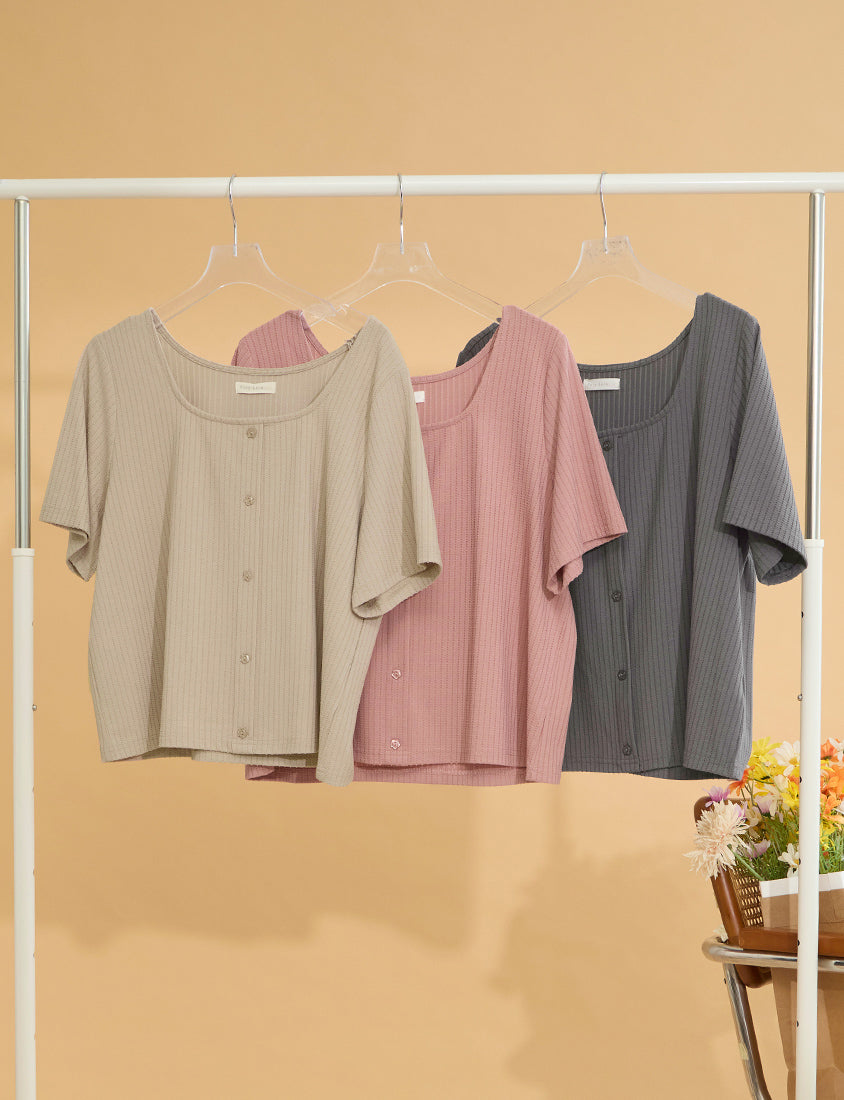 Square Neck Floral Faux Button Waffle Plus Size Top