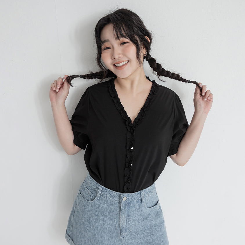 Romantic Ruffle V-Neck Short Sleeve Plus Size Blouse