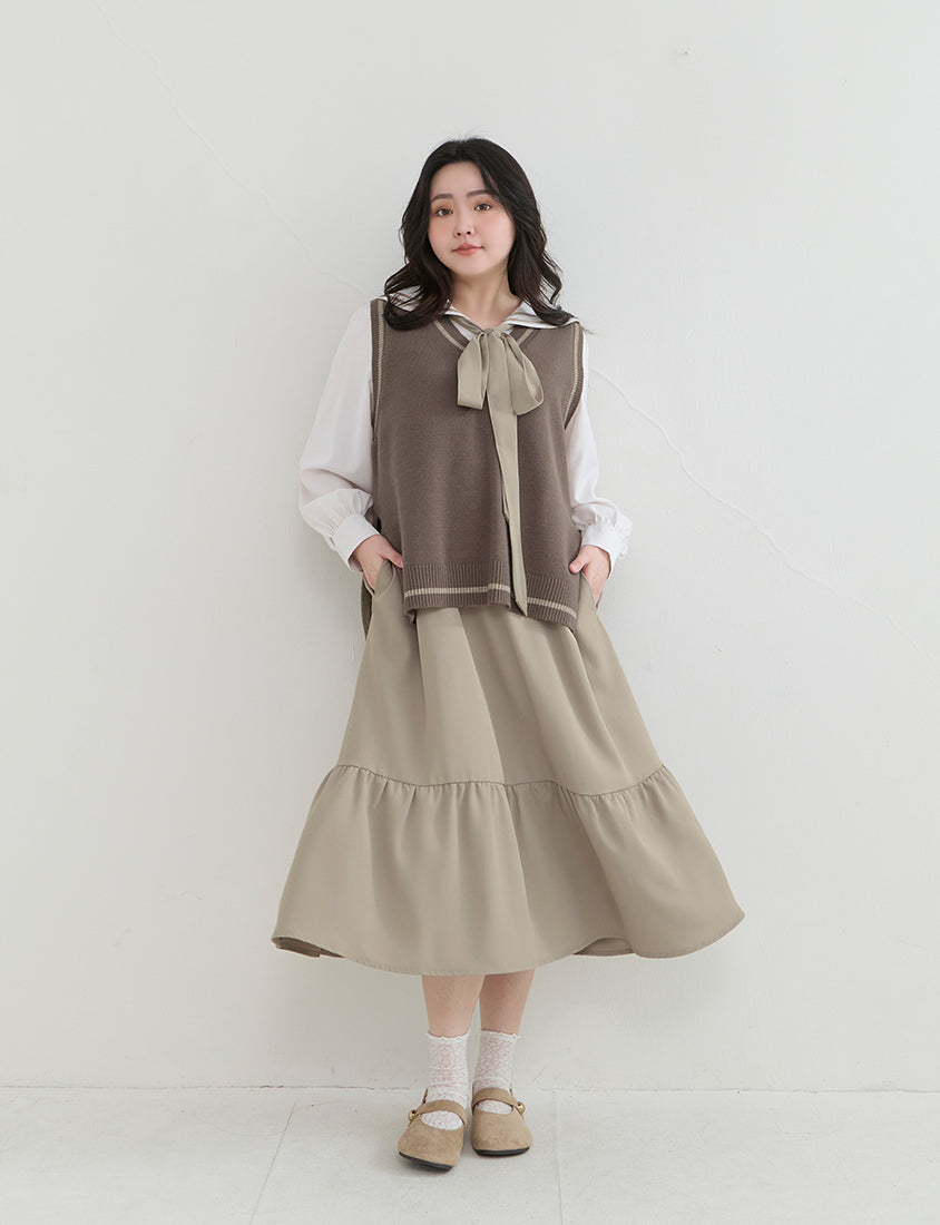 Contrast Sailor Collar Faux Two Piece Plus Size Maxi Dress (With Waist Tie)