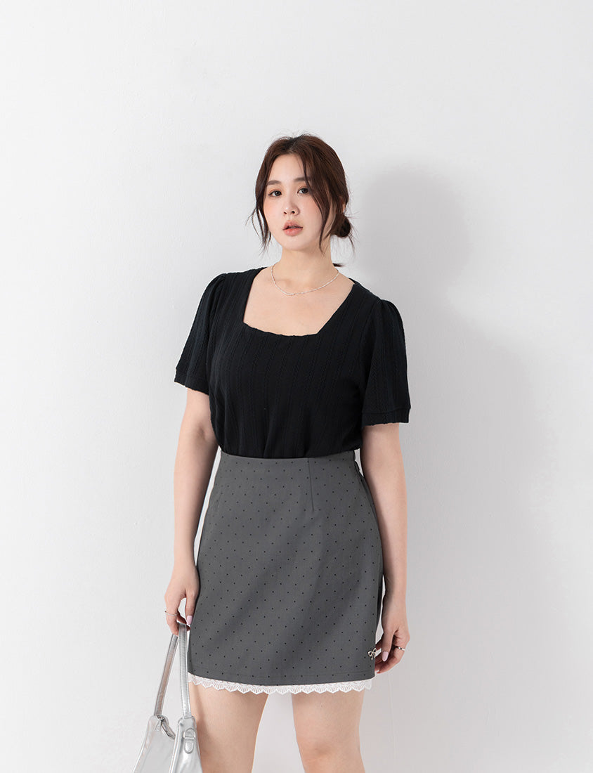 MISS. Lace Trim Polka Dot Tailored A-Line Suit Plus Size Mini Skirt