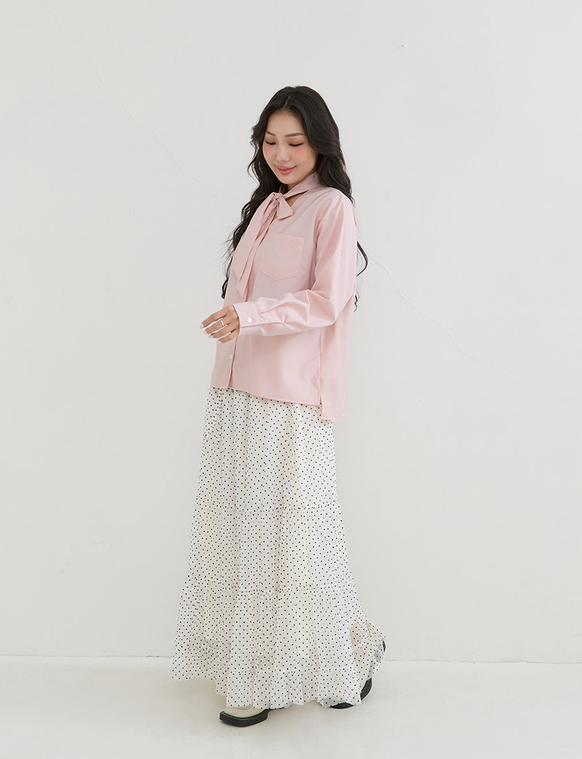 Korean Style Tie Neck Long Sleeve Plus Size Blouse