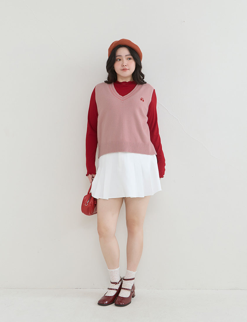 Preppy Cherry Embroidered Cropped Knit Plus Size Vest