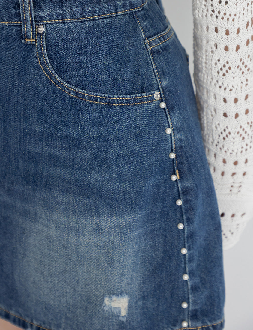 MUA! Side Pearl Studded Distressed Denim Plus Size Mini Skirt