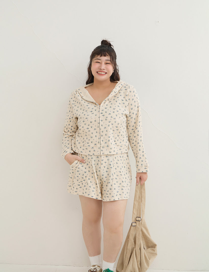 Sweet Floral Waffle Cropped Plus Size Hoodie