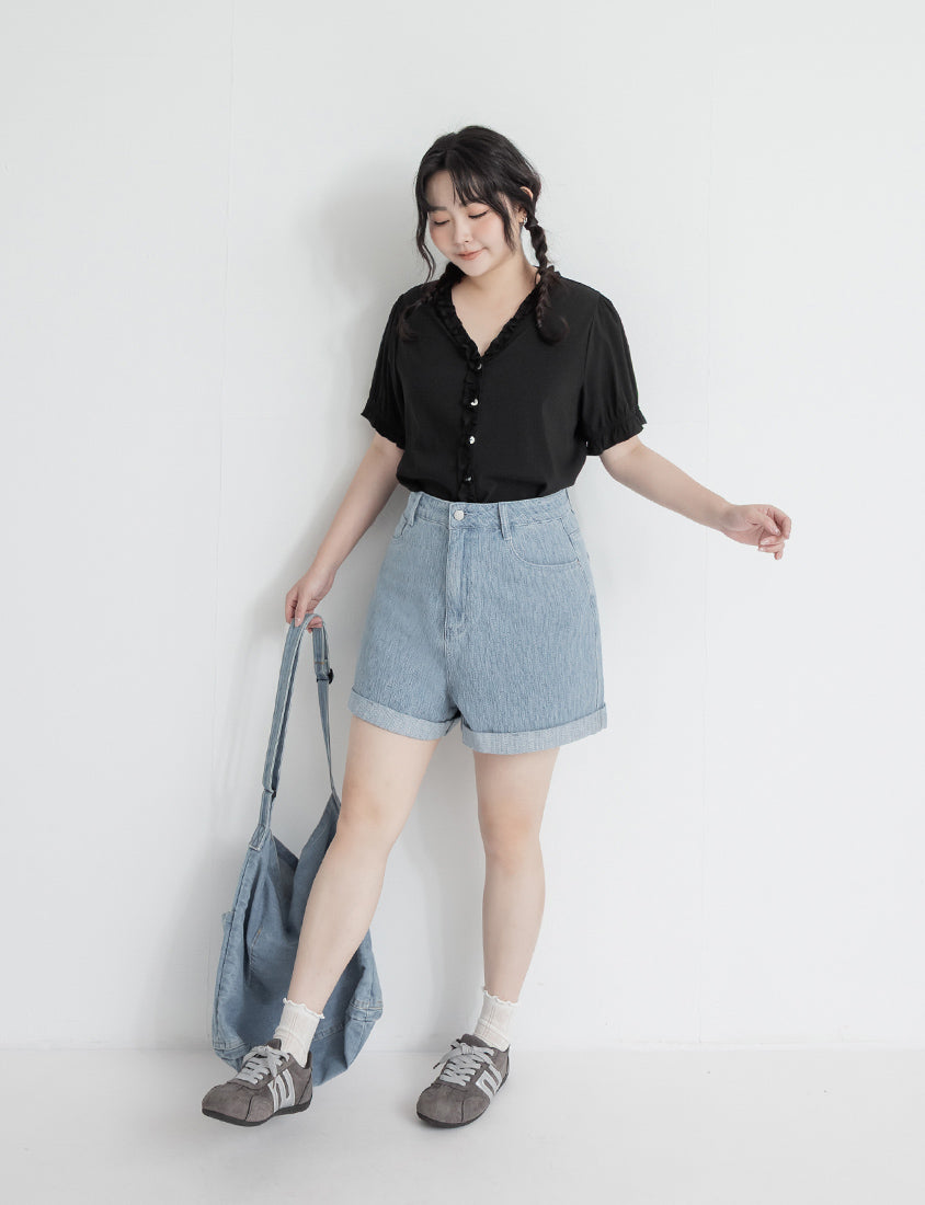 Textured Two-Tone Denim Cuffed Plus Size Shorts