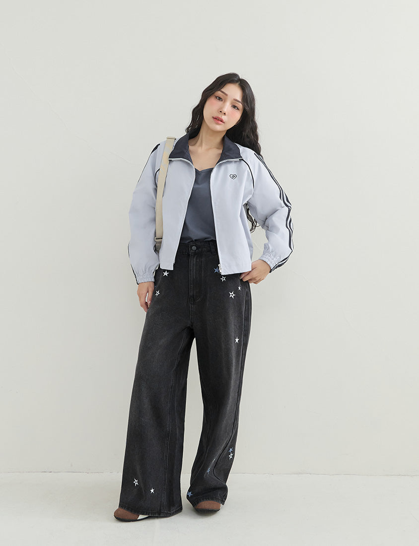 Star Embroidered Denim Plus Size Wide Leg Jeans