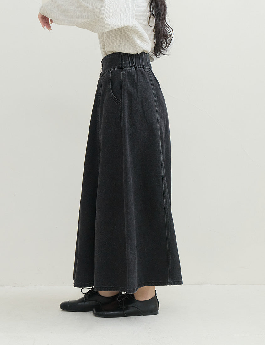 High Waist Flared Denim Plus Size Maxi Skirt
