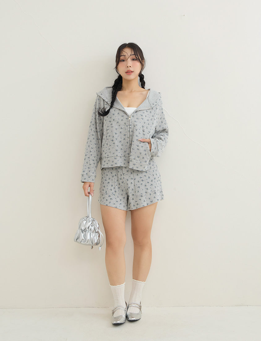 Sweet Floral Waffle Cropped Plus Size Hoodie