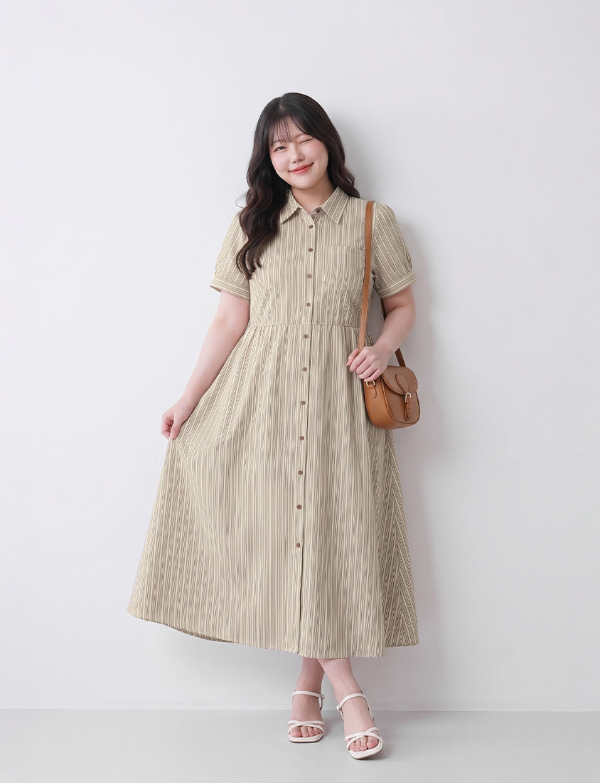 Japanese Contrast Stripe Shirt Collar Plus Size Maxi Dress