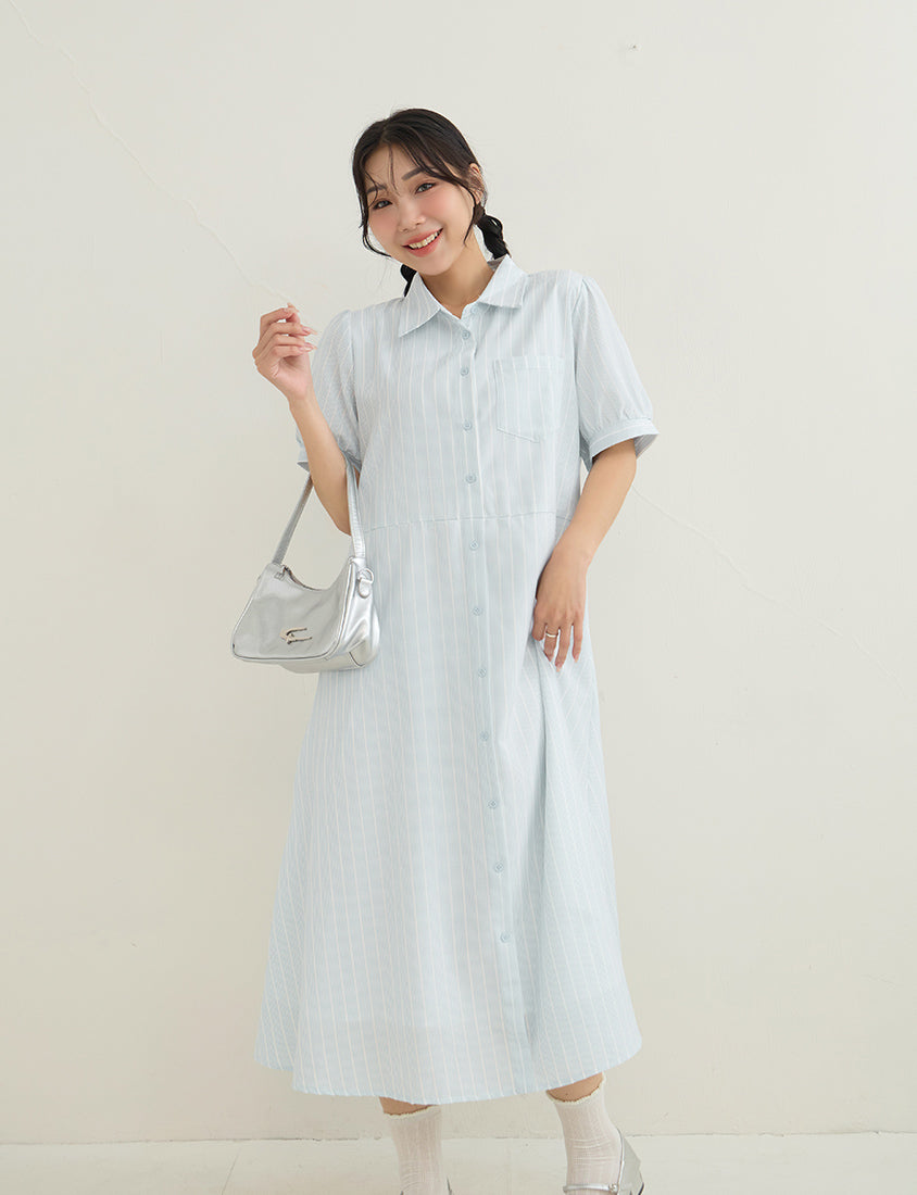 Japanese Contrast Stripe Shirt Collar Plus Size Maxi Dress