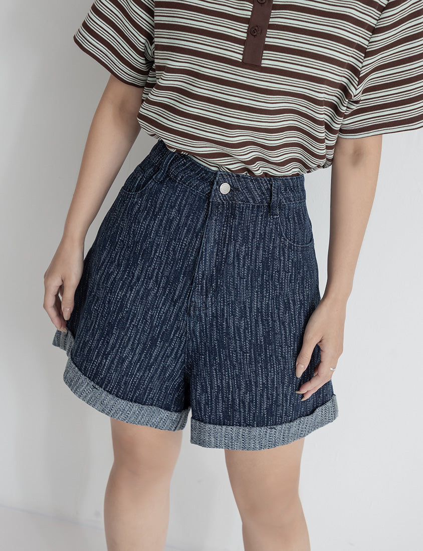 Textured Two-Tone Denim Cuffed Plus Size Shorts