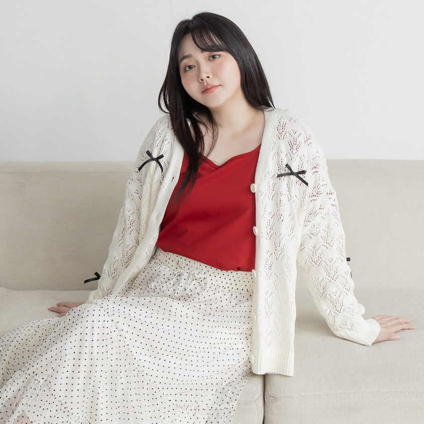 Sweet Bow-Detail Openwork Knit Plus Size Cardigan