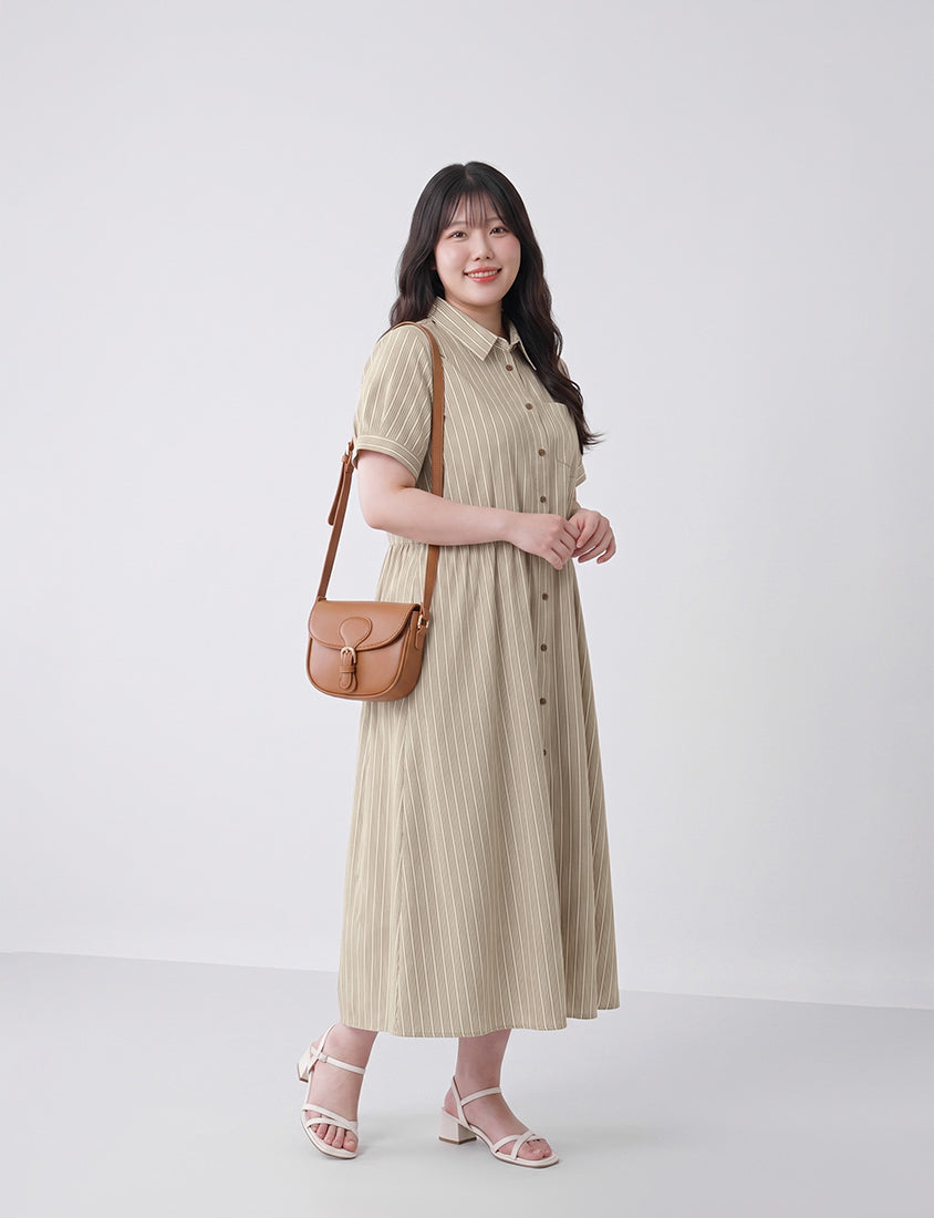 Japanese Contrast Stripe Shirt Collar Plus Size Maxi Dress