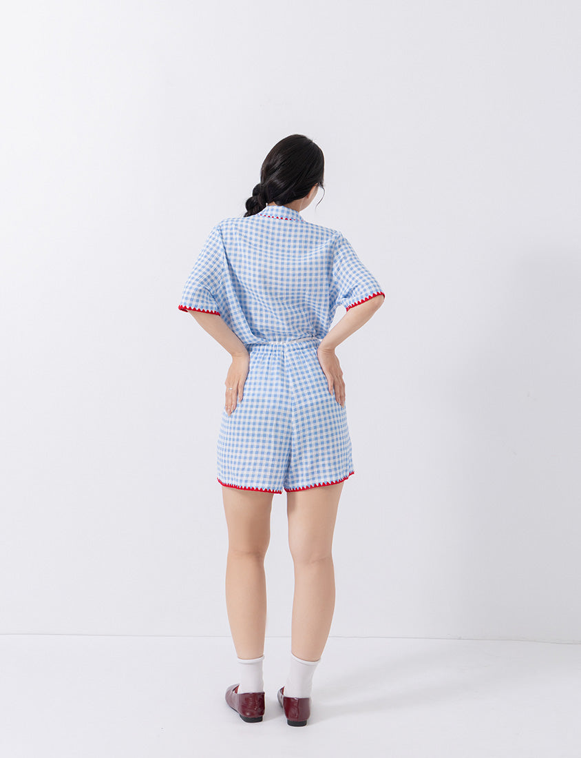 Skin-Friendly Gingham Contrast Frill Casual Plus Size Shirt